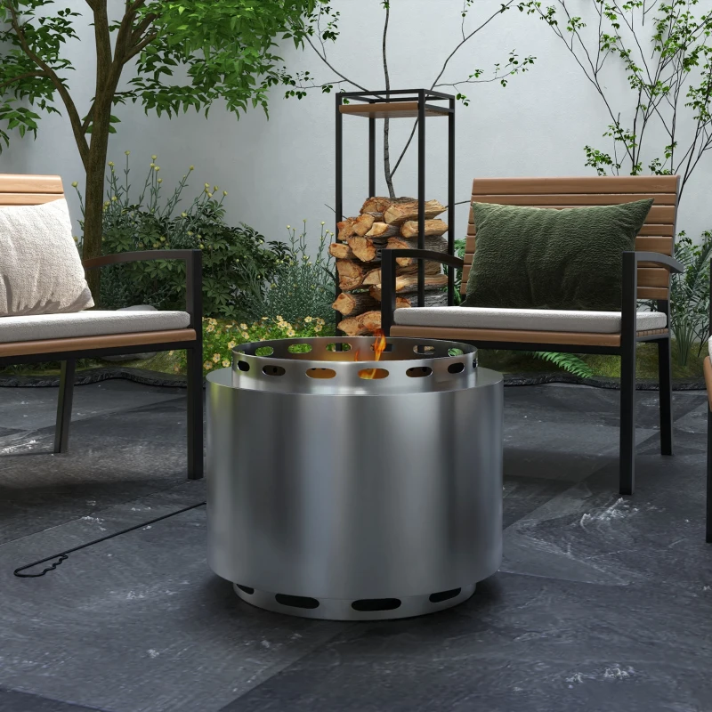Outsunny Smokeless Fire Pit, 48.5cm Portable Wood Burning Firepit with Poker for Garden Camping Bonfire Party, Stainless Steel, Silver