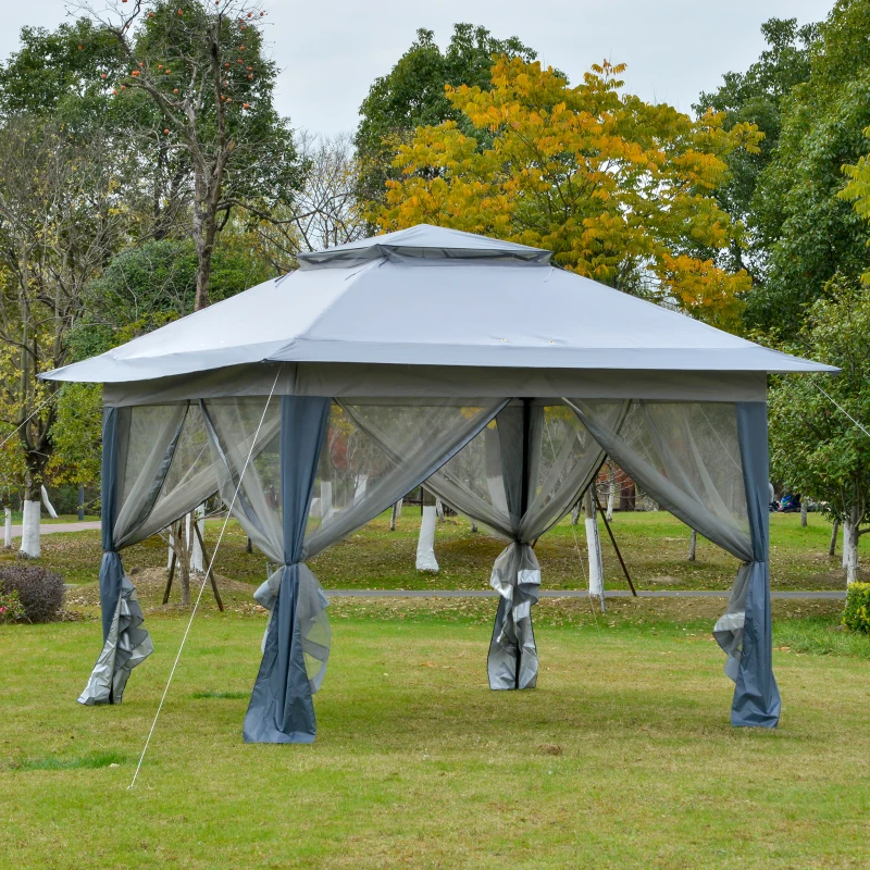 Outsunny Tonnelle barnum de jardin pop-up pliant 4 x 4 m acier polyester moustiquaires + sac de transport à roulettes gris