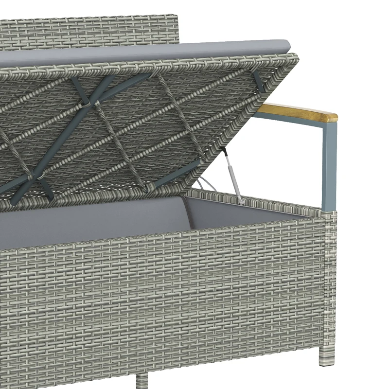 Outsunny 170 L Garden Storage Bench with Zipped Liner, 2 Seater Rattan Garden Bench with Storage, Gas Strut, Cushion, Light Grey