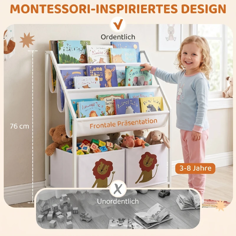 AIYAPLAY Kinderboekenkast met 3 hangende boekenplanken en 2 lades, 60 x 30 x 76 cm, wit