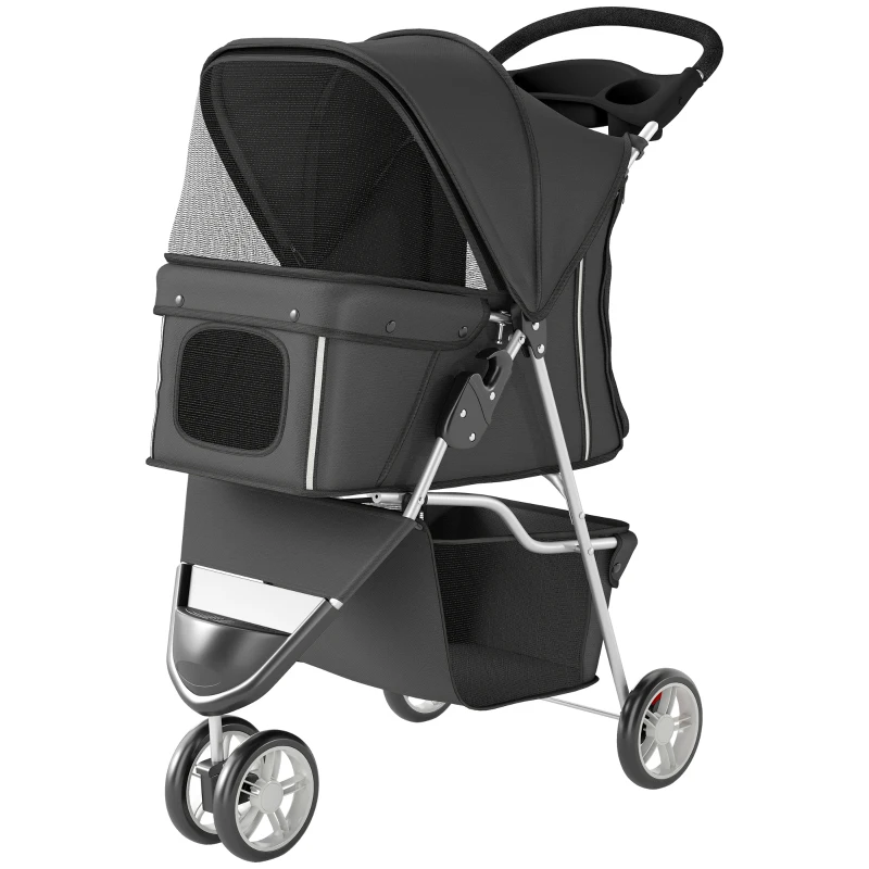 PawHut Dog Stroller, 3 Wheels Foldable Pet Stroller with Adjustable Canopy, Storage Basket for Small Mini Breeds, Dark Grey