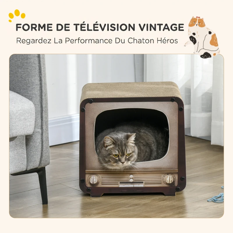 PawHut Griffoir pour Chat 2 en 1 en Forme de Téléviseur, Maison et Tapis à Griffer en Carton Ondulé, 39x29x37cm, Marron