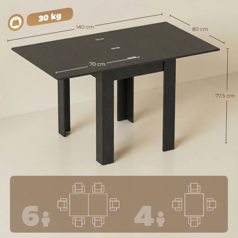 HOMCOM Tavolo da Pranzo Allungabile per 4-6 Persone in Legno e Acciaio, 140x80x77.5 cm, Nero