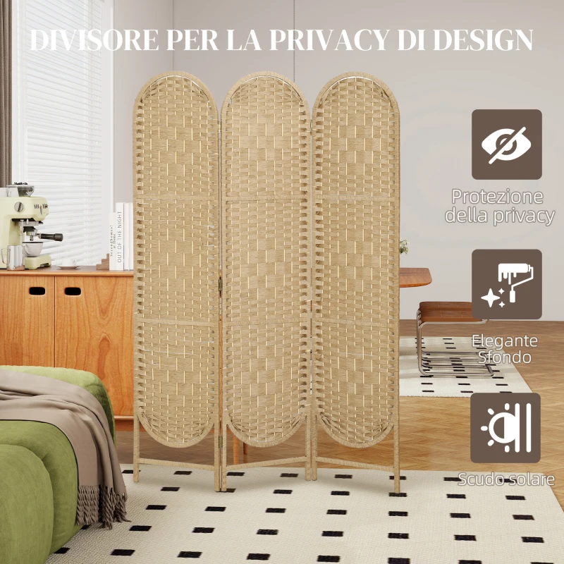 HOMCOM Paravento da Interni Pieghevole a 3 Pannelli, 120x170 cm, Stile Bohemien in Carta e Legno di Pino, Color Legno
