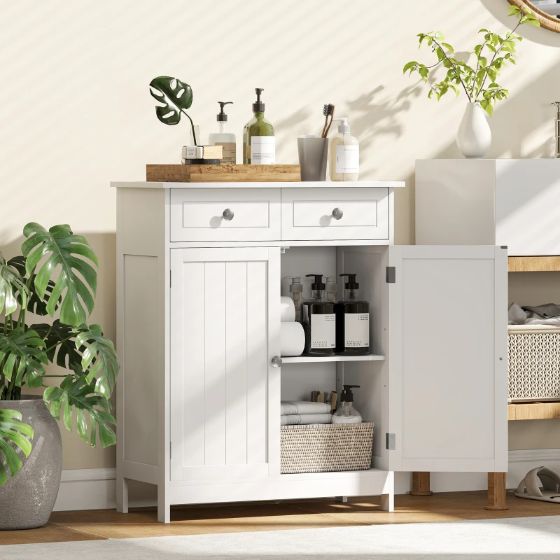 kleankin 75x60cm Freestanding Bathroom Storage Cabinet Unit w/ 2 Drawers Cupboard Adjustable Shelf Metal Handles Traditional Style White