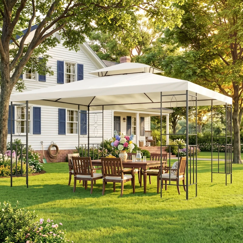 Outsunny Cenador de Jardín 3x4m Pabellón para Exterior con Doble Techo de Ventilación y 4 columnas de acero Estable para Fiestas Eventos Patio Crema