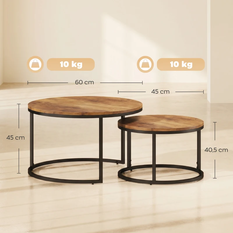 HOMCOM Rundes Couchtisch-Set, 2-teilig, Industrielle Beistelltische mit Metallrahmen für Wohnzimmer und Schlafzimmer, Braun