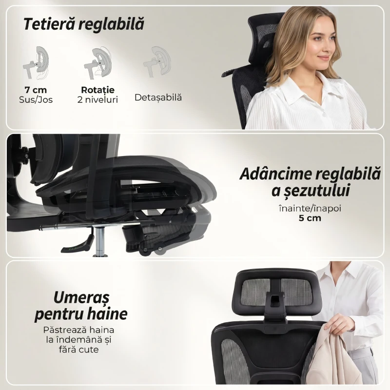 HOMCOM Scaun de Birou Ergonomic din Plasă cu Cotiere, Tetieră, Spătar Reglabil, Funcție Legănare, Negru