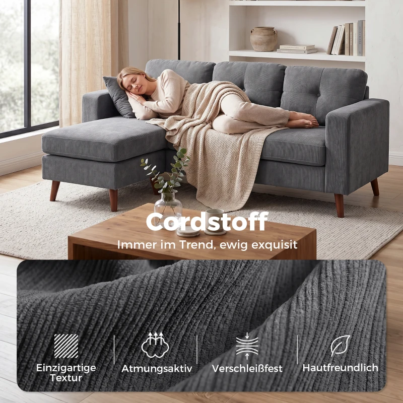 HOMCOM Ecksofa 192 cm L-Form 3-Sitzer Sofa mit umkehrbarer Chaiselongue, Cord-Optik, für kleinen Raum, Dunkelgrau