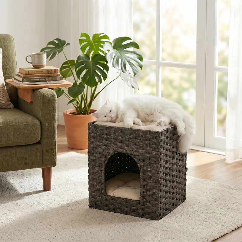PawHut 2-Tier Wicker Cat House, Handwoven Rattan Cat Bed with Washable Cushions, Indoor Kitten Condo Hideaway