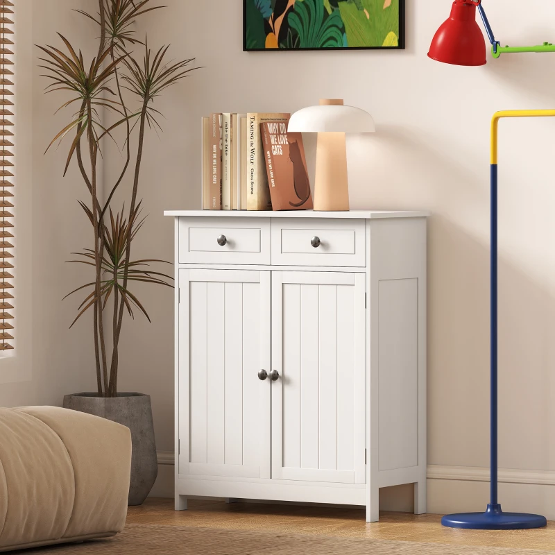 kleankin 75x60cm Freestanding Bathroom Storage Cabinet Unit w/ 2 Drawers Cupboard Adjustable Shelf Metal Handles Traditional Style White