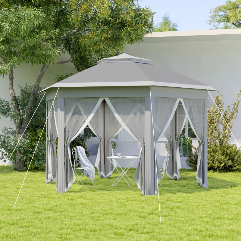 Outsunny 3 x 4m Garden Gazebo Hexagon Pop Up Gazebo Party Tent Canopy Double Roof Instant Shelter with Netting and Carry Bag for Outdoor Patio, Dark Grey