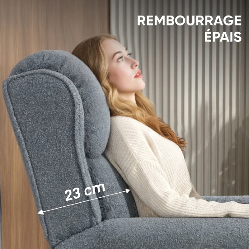 HOMCOM Fauteuil relax inclinable en polaire Teddy, fauteuil de relaxation avec repose-pieds extensible, assise rembourrée, gris