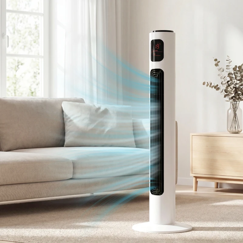 HOMCOM Ventilador de Torre Silencioso 45W con Control Remoto 3 Velocidades 3 Modos Temporizador 10H Oscilación 70° Blanco
