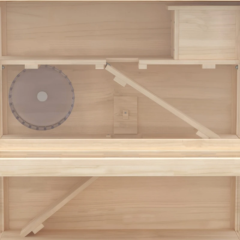 PawHut Wooden Hamster Cage with Hut, Wheel, Ramps, Removable Viewing Panels, 80 x 50 x 84 cm, Natural