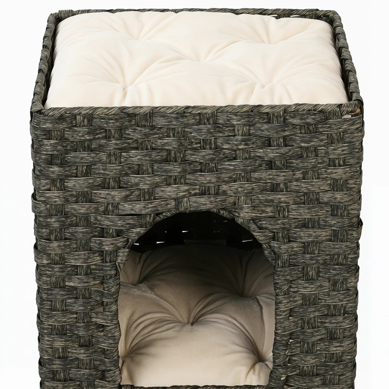 PawHut 2-Tier Wicker Cat House, Handwoven Rattan Cat Bed with Washable Cushions, Indoor Kitten Condo Hideaway