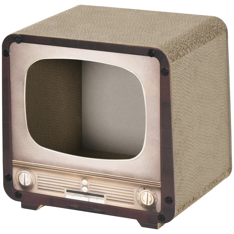 PawHut Zgârietor pentru Pisici 2 în 1 în Formă de Televizor, Casă și Covoraș de Zgâriat din Carton Ondulat, 39x29x37cm, maro
