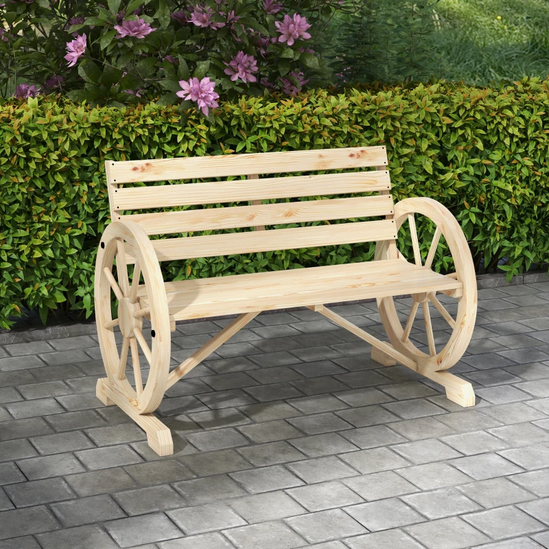 Outsunny Tuinbank, Wagenwiel-ontwerp, voor 2 personen, natuurlijk hout, donkerbruin, 105,5 x 56 x 79 cm, Natuurlijk