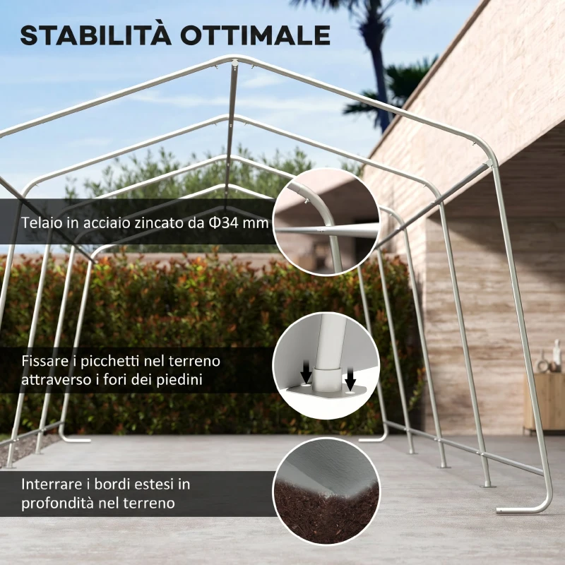 Outsunny Tendone per Auto e Feste con 2 Finestre Laterali, in Acciaio Zincato e PE, 618x265/330x240 cm, Grigio Chiaro