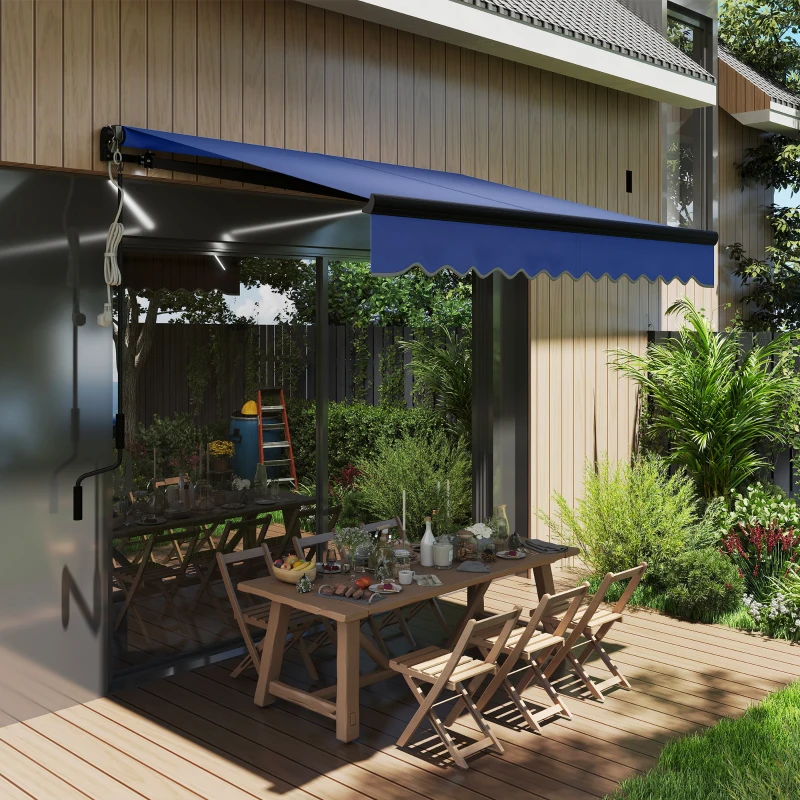 Outsunny 3 x 2.5m Electric Awning with LED Light and Remote Controller, Aluminium Frame DIY Retractable Awning, UV50+ Sun Shade Canopy for Garden Patio Deck Door Window, Blue