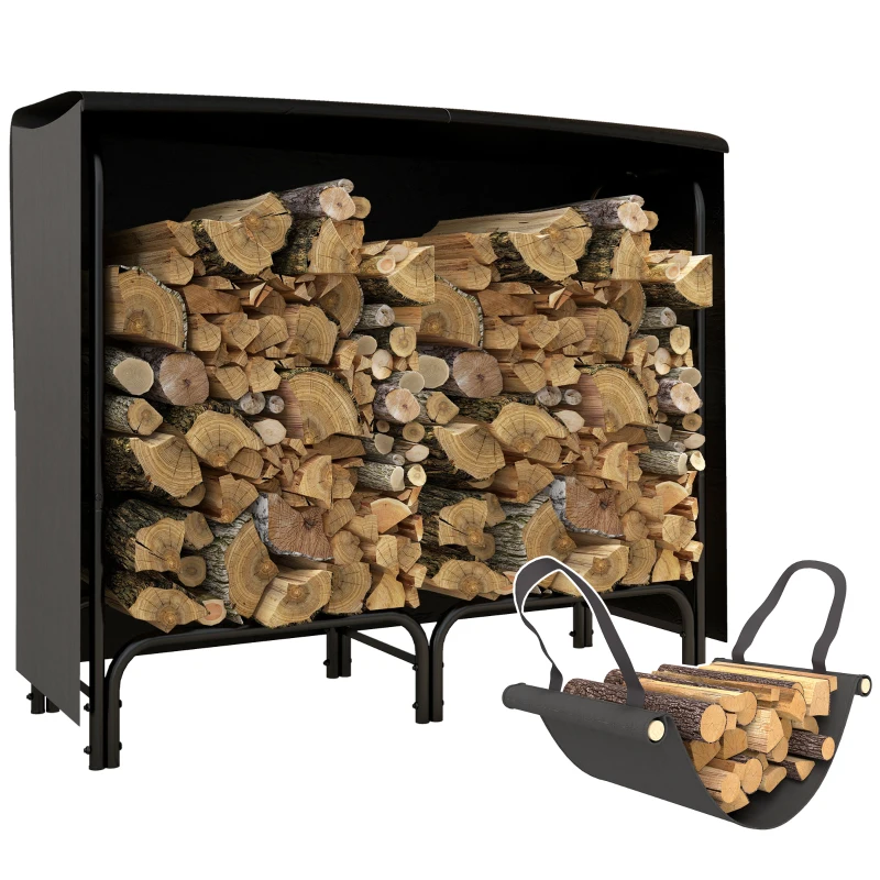 Outsunny Brandhoutrek, 0,33 m³, met Draagtas & Hoes, Metalen frame, tot 150 kg, 120 x 36 x 99 cm, Zwart(m-11)