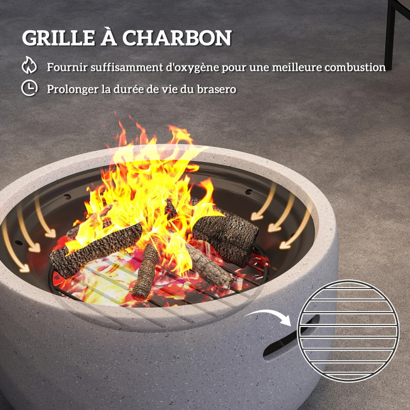 Outsunny Brasero cheminée foyer extérieur rond à bois en métal tisonnier pare-étincelle grille et poignée diamètre 45 cm gris