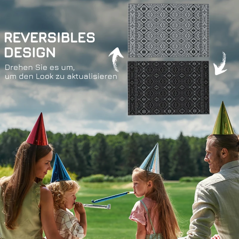 Outsunny Outdoor wendbaar tapijt, waterbestendig, geometrisch, 182x274cm, Zwart/Grijs
