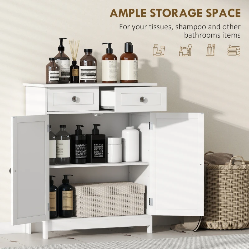 kleankin 75x60cm Freestanding Bathroom Storage Cabinet Unit w/ 2 Drawers Cupboard Adjustable Shelf Metal Handles Traditional Style White