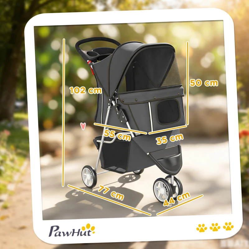 PawHut Cărucior pliabil pentru câini cu suport pentru pahare și coș de depozitare, 77x44x102 cm, gri cărbune