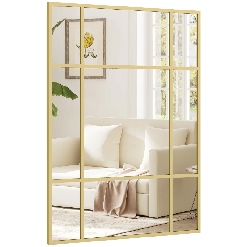 HOMCOM Miroir mural verrière rectangulaire style fenêtre, horizontal ou vertical avec 4 crochets, en métal doré - 50x70 cm