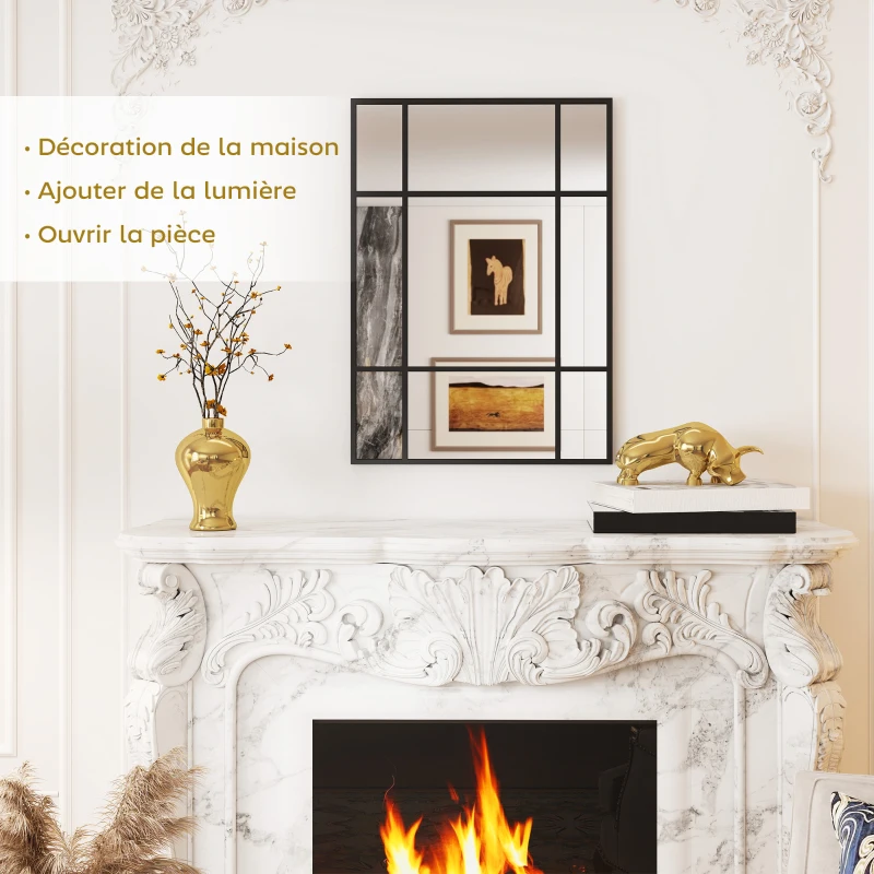 HOMCOM Miroir mural verrière rectangulaire style fenêtre, horizontal ou vertical avec 4 crochets, en métal noir - 50x70 cm
