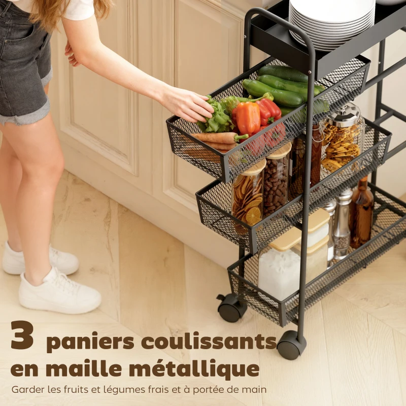HOMCOM Chariot de rangement à 4 niveaux, desserte à roulettes, 3 paniers coulissants, panier supérieur 19 x 43,2 x 80 cm noir