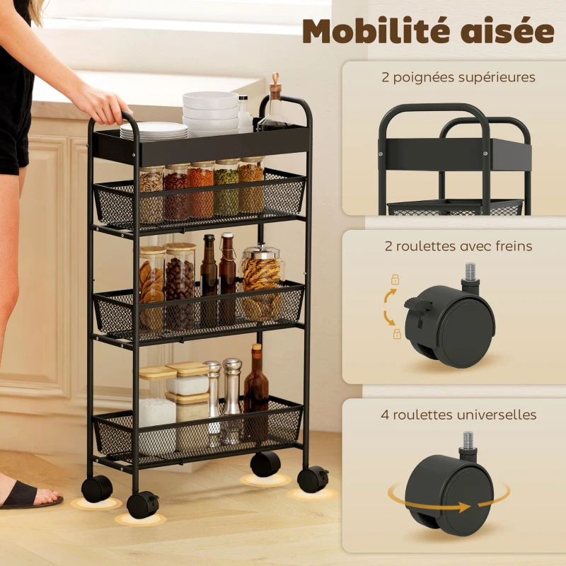 HOMCOM Chariot de rangement à 4 niveaux, desserte à roulettes, 3 paniers coulissants, panier supérieur 19 x 43,2 x 80 cm noir