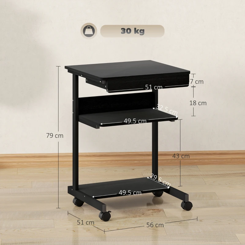 HOMCOM Birou PC cu Sertar Glisant, 2 Rafturi și 4 Roți, din Lemn și Metal, 56x51x79 cm, Negru