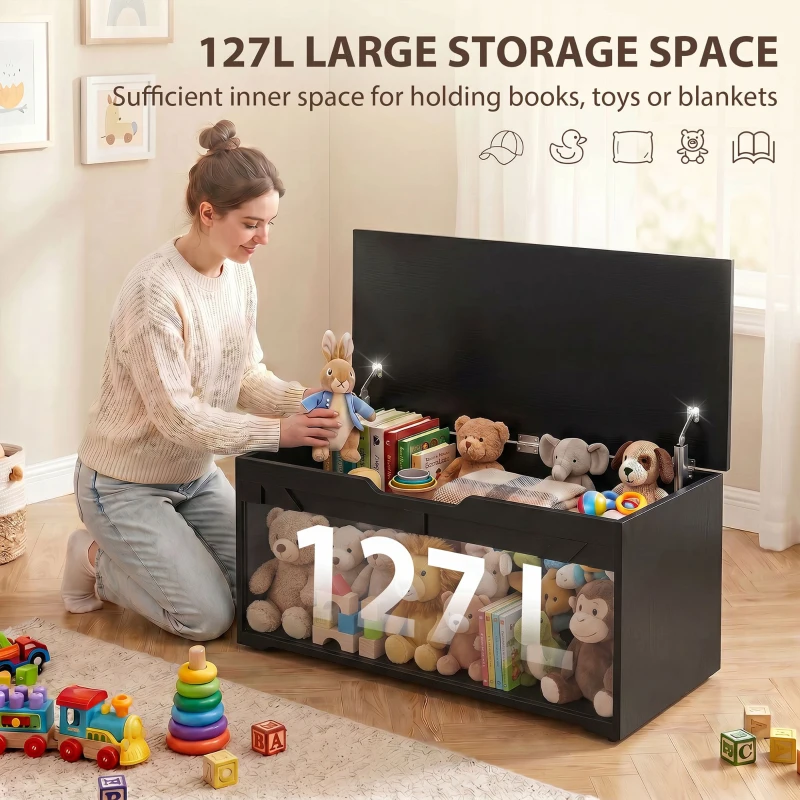 HOMCOM 127L Home Storage Box, with Safety Hinges - Black Wood-Effect
