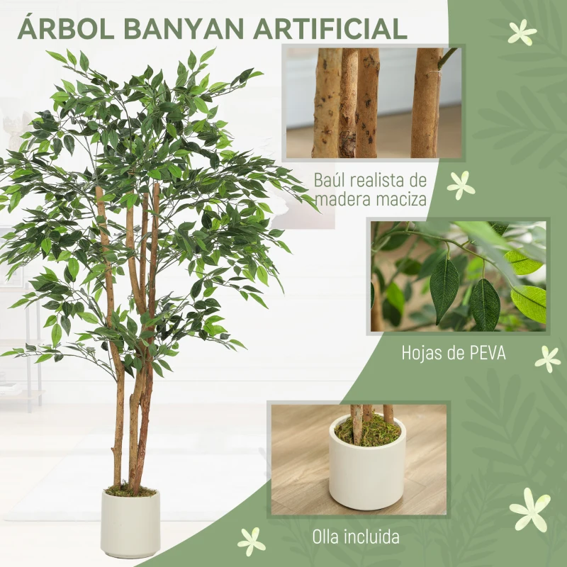 HOMCOM Ficus Artificial 150 cm Planta Artificial con 1116 Hojas y Maceta Planta Artificial Decorativa para Interior Verde