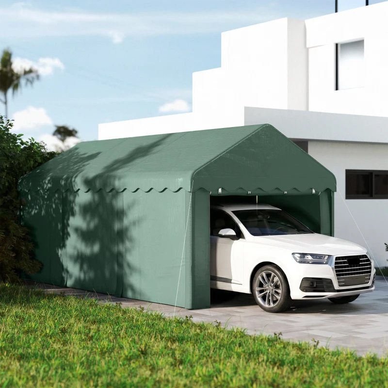Outsunny 3x6 m draagbare Carport, voertuigoverkapping met 2 ingangen, polyesterdak, voor auto's, boten, tuingereedschap, donkergroen