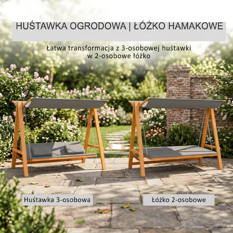Outsunny Hollywoodschaukel mit Bettfunktion 3-Sitzer Gartenschaukel Lärche mit verstellbarem Sonnendach 225,5 x 130 x 180 cm