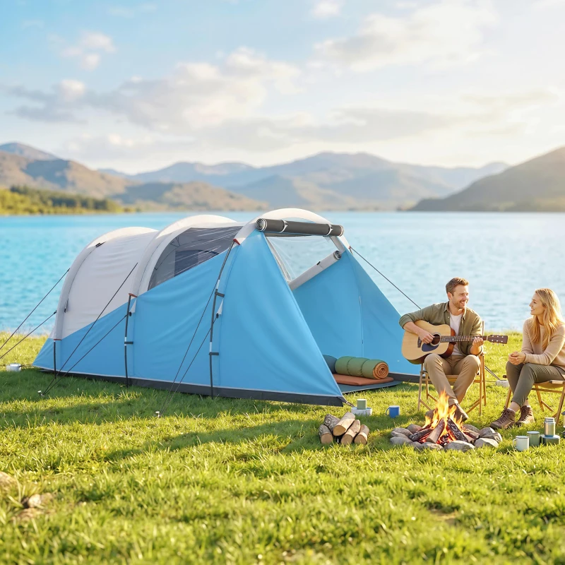 Outsunny Campingzelt für 3 Personen, separate Wohn- & Schlafräume, 460L x 260B x 190H cm, Blau