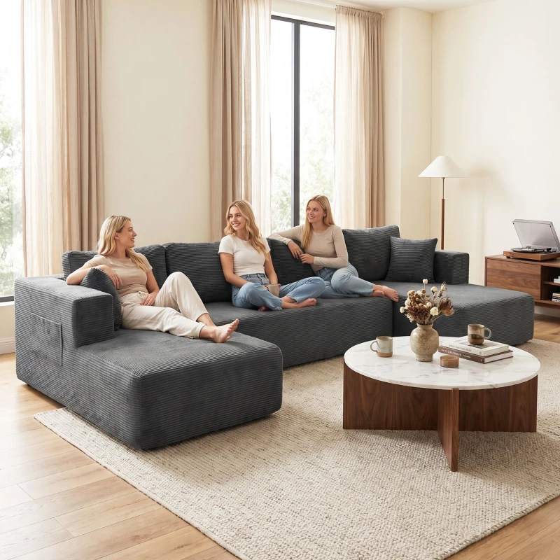 HOMCOM Modulares U-Sofa 4-Sitzer, 2 Ottomane, 2-Sitzer-Sofa, 6 Kissen, Ohne Montage, 369 x 152 x 78 cm, Grau