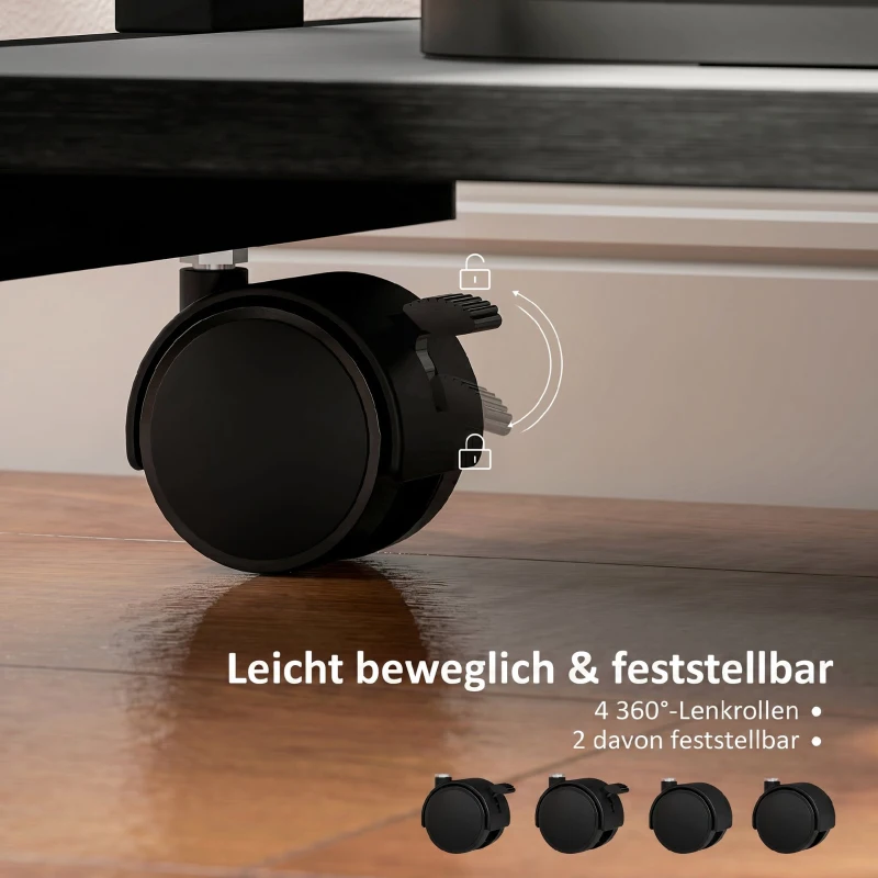 HOMCOM Roll-Schreibtisch mit Schublade und Regalen, 4 Räder, kompakt, Spanplatte, Metall