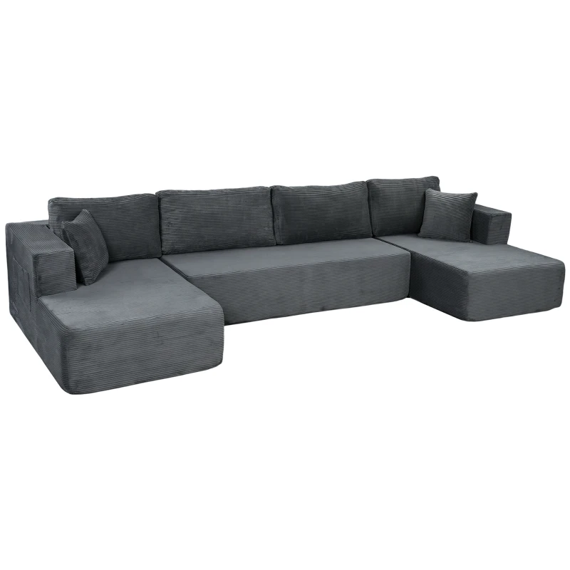 HOMCOM Modulares U-Sofa 4-Sitzer, 2 Ottomane, 2-Sitzer-Sofa, 6 Kissen, Ohne Montage, 369 x 152 x 78 cm, Grau