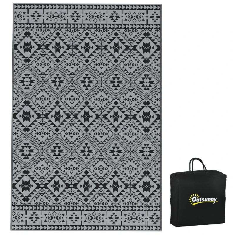 Outsunny Outdoor wendbaar tapijt, waterbestendig, geometrisch, 182x274cm, Zwart/Grijs