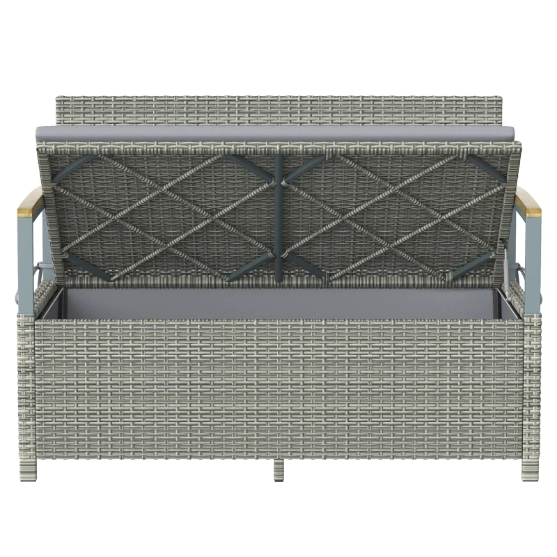 Outsunny 170 L Garden Storage Bench with Zipped Liner, 2 Seater Rattan Garden Bench with Storage, Gas Strut, Cushion, Light Grey