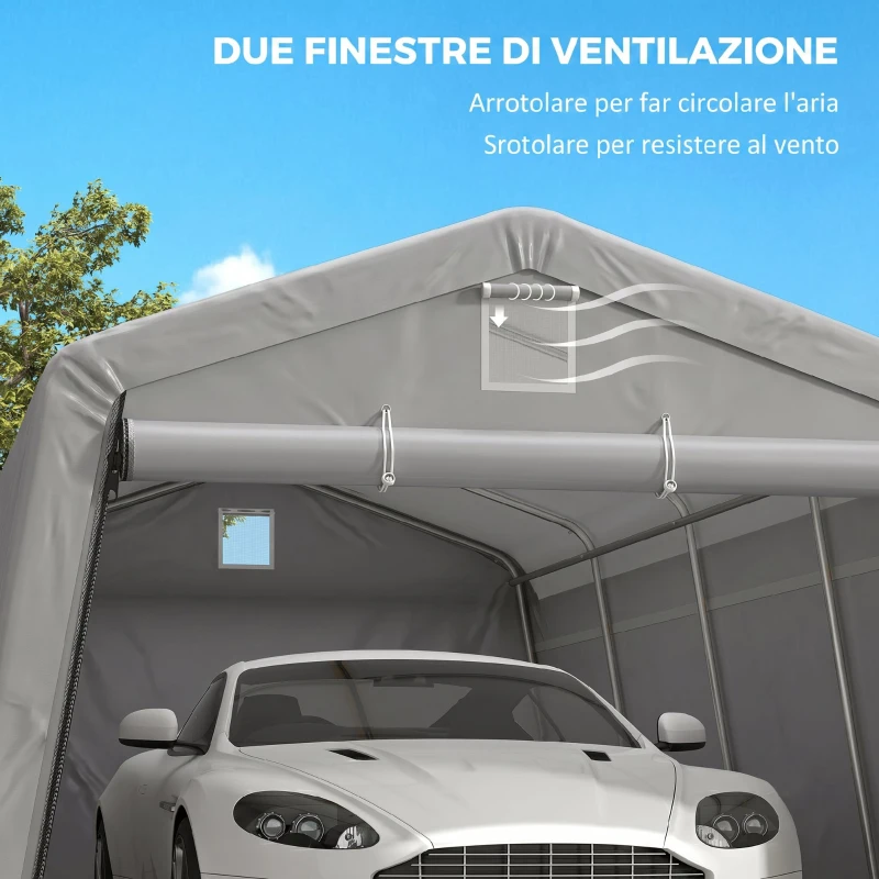 Outsunny Tendone per Auto e Feste con 2 Finestre Laterali, in Acciaio Zincato e PE, 618x265/330x240 cm, Grigio Chiaro