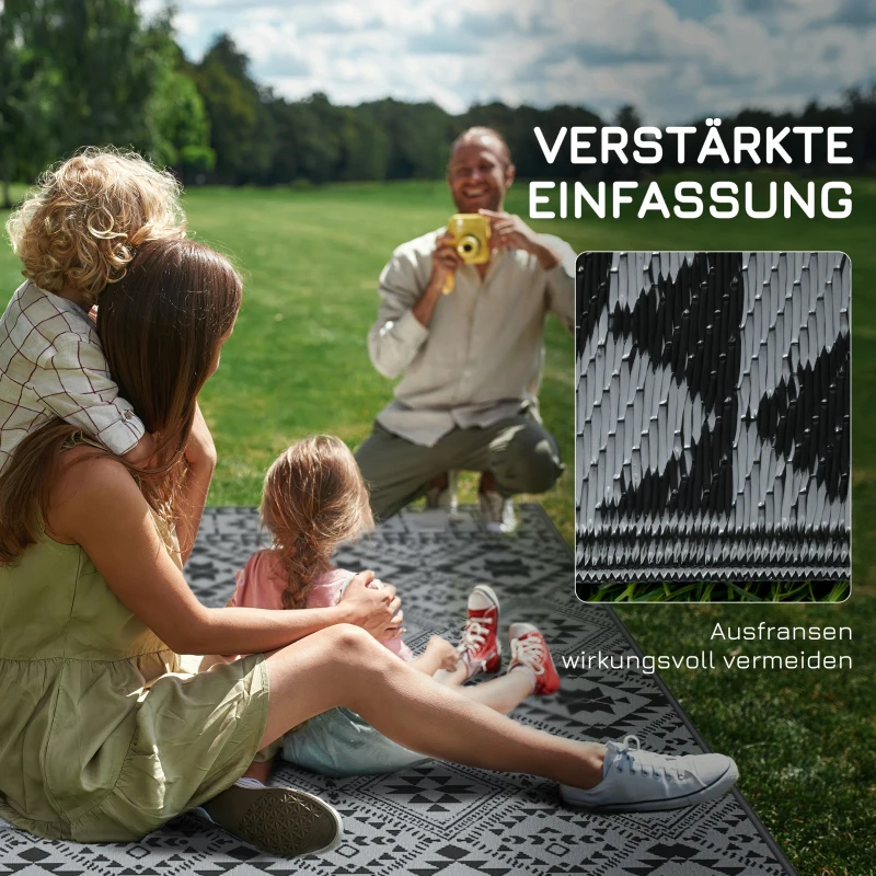 Outsunny Outdoor wendbaar tapijt, waterbestendig, geometrisch, 182x274cm, Zwart/Grijs
