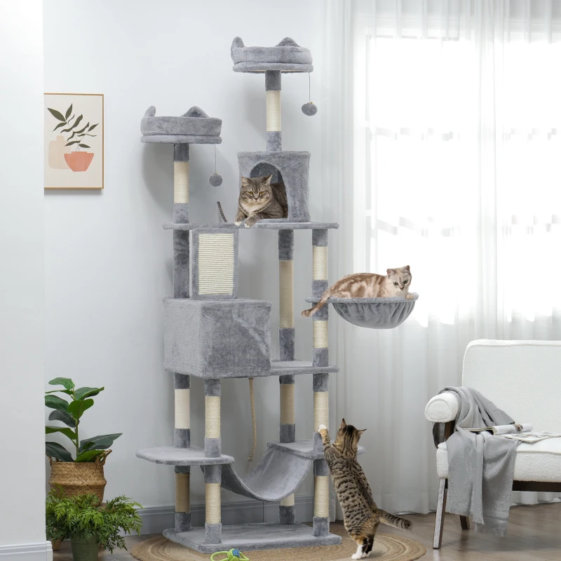 PawHut hoher Kratzbaum 206 cm mit 4 Sisal-Kratzsäulen, Höhlen, Körben, Hängematten, für 1-3 Kätzchen 6 kg, Hellgrau