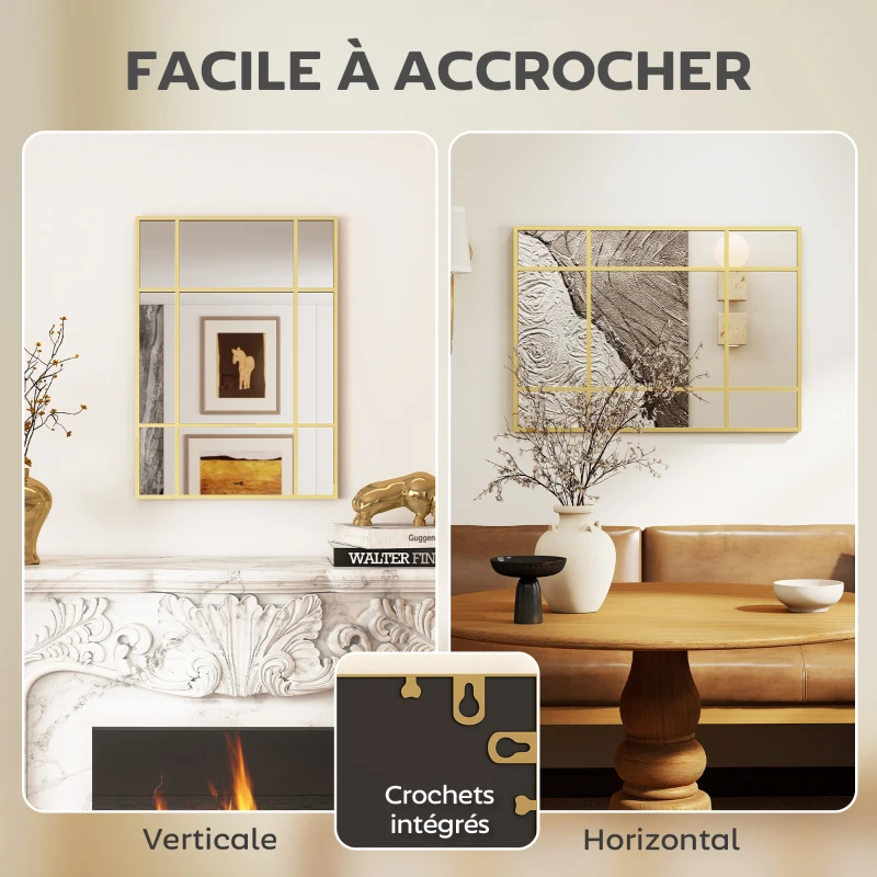 HOMCOM Miroir mural verrière rectangulaire style fenêtre, horizontal ou vertical avec 4 crochets, en métal doré - 50x70 cm