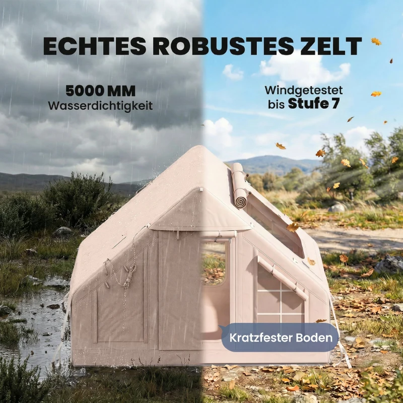 Outsunny Aufblasbares Zelt 5-8 Personen Schneller Aufbau 5000 mm Wasserdicht & Winddicht mit Luftpumpe Kaminöffnung Dachfenster