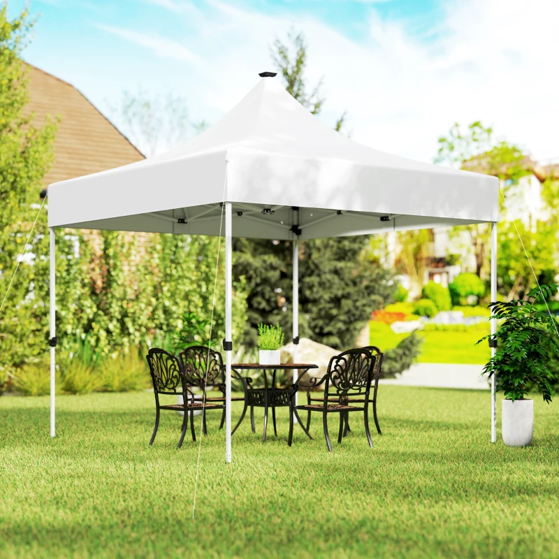 Outsunny Pavilion de Grădină Pop-Up 3x3 m cu Înălțime Reglabilă, Lumini LED Solare, din Țesătură Oxford și Metal, Alb
